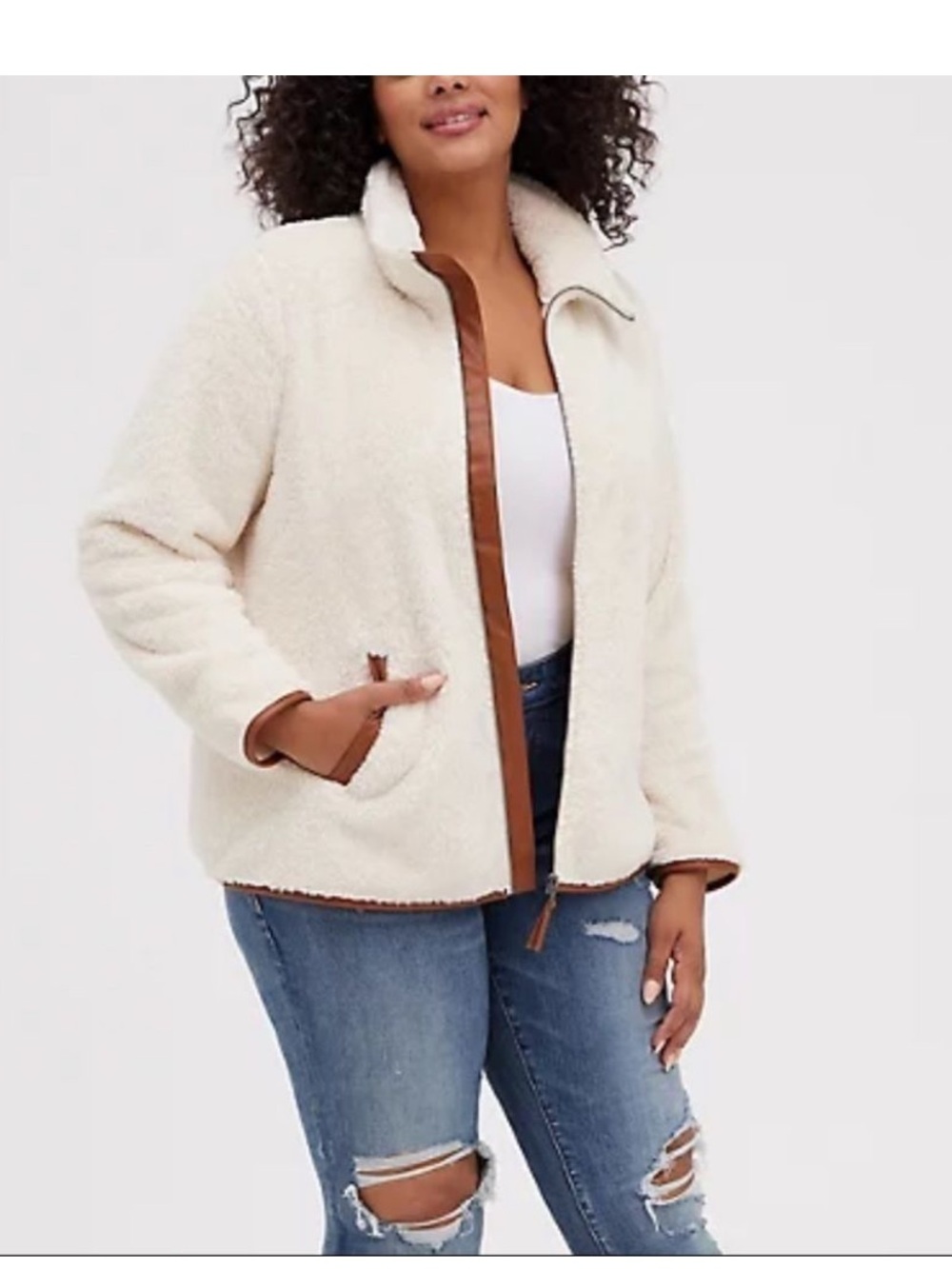 torrid Sz 0 Cream Sherpa Jacket with Brown Trim zip front new with tags